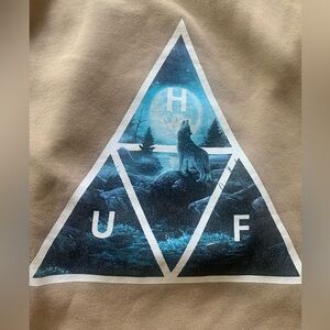 HUF Tan Sweatshirt Hoodie with Wolf and Moon Graphic on back, size Large